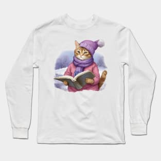 Adorable Cute Cat Read A Book wearing a  purple hat and scarf Long Sleeve T-Shirt